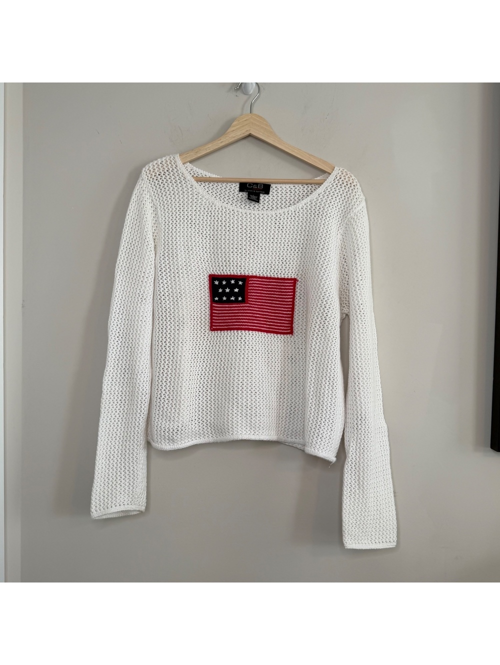 Y2K C&B White Open Knit Sweater American Flag Preppy Coastal Long Sleeve